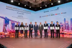 A memorandum of understanding was signed between MBS, Las Vegas Sands and the 6 IHLs on Monday; (From L to R): Lim Peng Hun, deputy principal (academic), Singapore Polytechnic; Loh Chuu Yi, deputy principal (academic), Nanyang Polytechnic; Chua Kee Chaing, president, Singapore Institute of Technology; Ron Reese, senior vice-president of global communications and corporate affairs, Las Vegas Sands; Minister of State for Trade and Industry Alvin Tan; Paul Town, chief operating officer, Marina Bay Sands; Lim Kok Kiang, principal & CEO, Ngee Ann Polytechnic; Peter Lam, principal & CEO, Temasek Polytechnic; and Michael Koh, deputy principal (academic services), Republic Polytechnic.