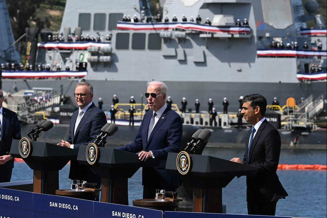(From left) Australian Prime Minister Anthony Albanese, US President Joe Biden, and British Prime Minister Rishi Sunak at the Aukus summit on Mar 13.