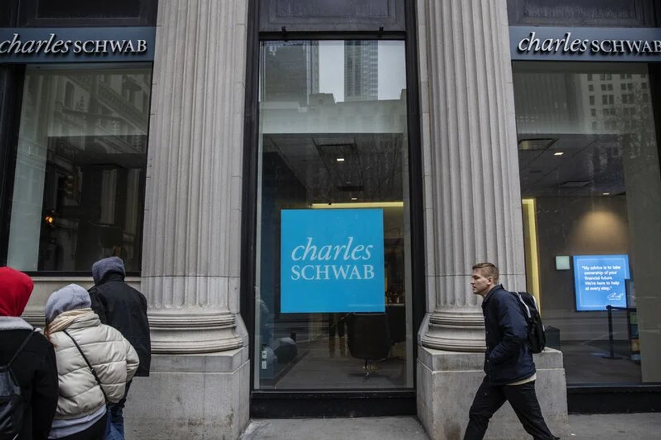 Investors dumped shares of Schwab, which lost more than 37 per cent of their value in the first three months of the year .