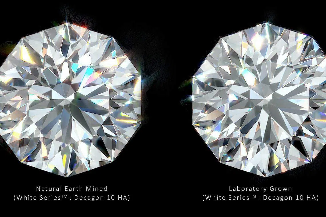 The difference between a natural diamond (right) and one grown in a lab. De Beers says selling lab-grown diamonds is not a sustainable market.