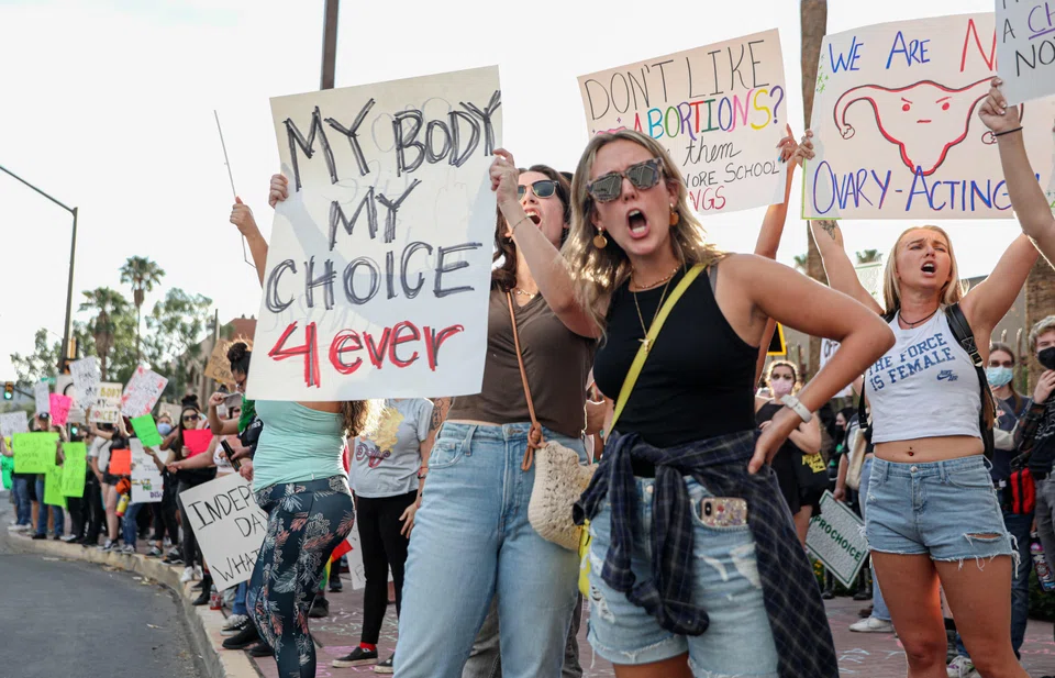 Abortion rights protesters at a Pro Choice rally at the Tucson Federal Courthouse in Tucson, Arizona on July 4, 2022. President Biden and Vice President Kamala Harris will address a gathering of major abortion-rights groups including Emily’s List, Planned Parenthood and Naral Pro-choice America.