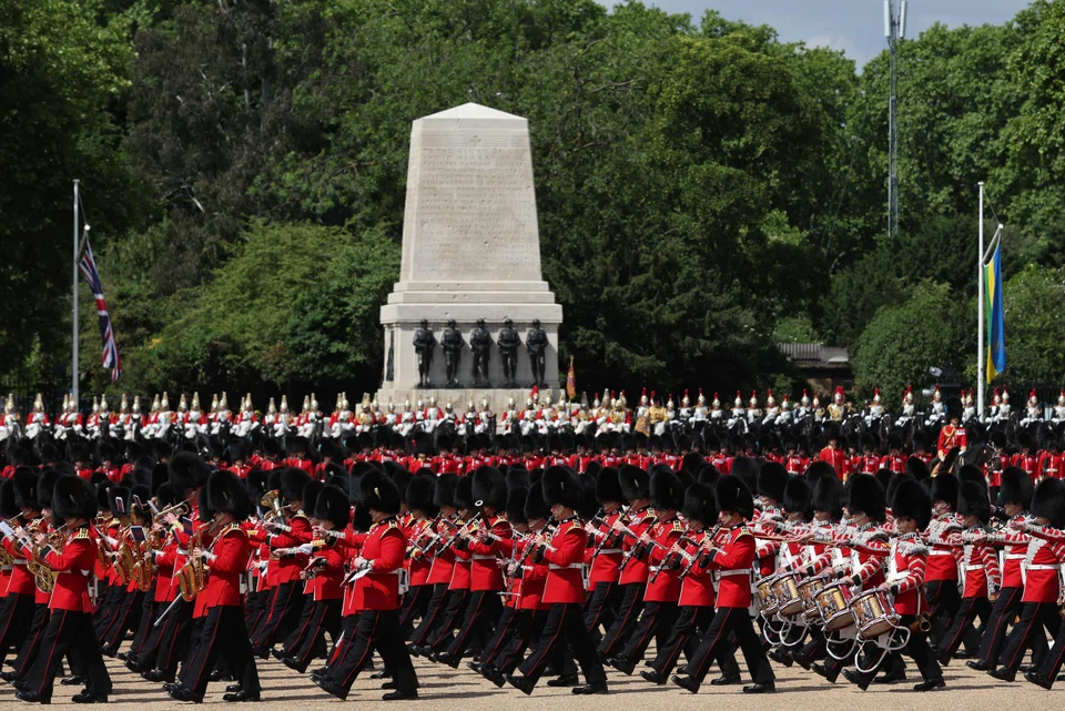 Some 1,400 soldiers, 400 musicians and 200 horses are taking part, led in the parade by Juno, a 10-year-old shire mare, alongside three other Drum Horses – Perseus, Atlas and Apollo.
