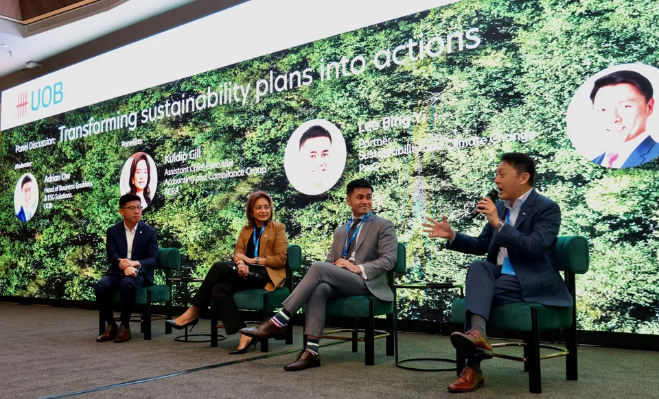 At a panel discussion on transforming sustainability plans into action were (from right) Keppel Land CEO Louis Lim, PwC partner Lee Bing Yi, and Acra assistant CEO Kuldip Gill. The discussion was moderated by Adrian Ow, UOB's head of business enablers and ESG solutions.