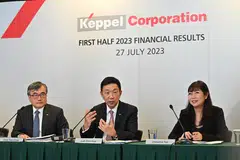 Keppel CEO Loh Chin Hua (centre), at the results briefing on Thursday, described the first six months of 2023 as "transformational and productive" for the company.