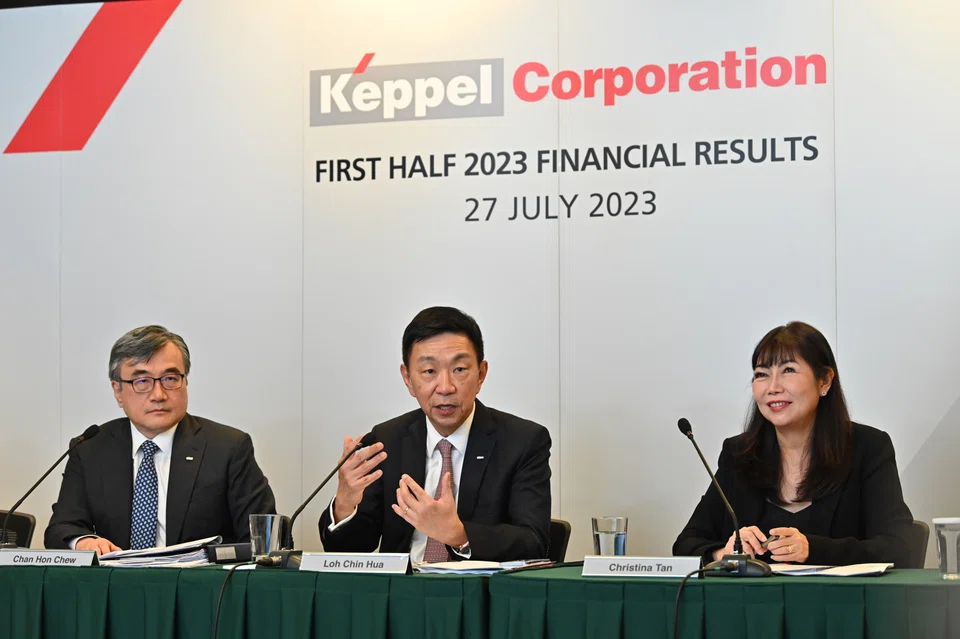 Keppel CEO Loh Chin Hua (centre), at the results briefing on Thursday, described the first six months of 2023 as "transformational and productive" for the company.