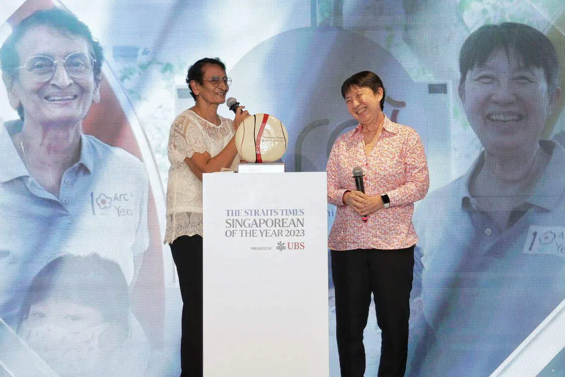 Former nurse Ronita Paul (left) and volunteer coordinator Geraldine Lee were jointly named ST Singaporean of the Year 2023. 