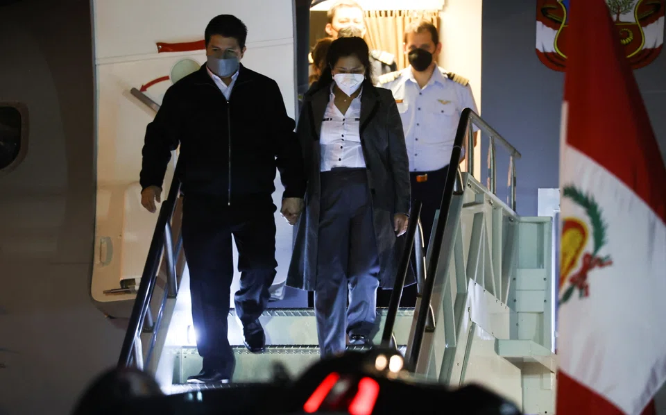 Peru's President Pedro Castillo and first lady Lilia Paredes arrive at Los Angeles International Airport to attend the ninth Summit of the Americas in Los Angeles, California, US.