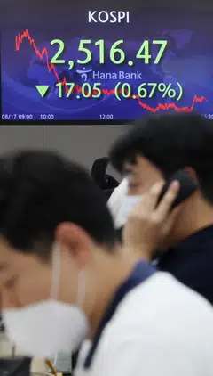 The benchmark Kospi ended down 33.56 points or 1.39 per cent at 2,376.46, marking its lowest close since Jul 19.