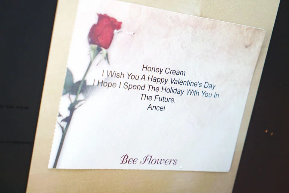 A photo of a Valentine’s Day card that Shreya Datta, a tech professional who was a victim of an online scam known as "pig butchering," said she kept as evidence of the fraud is displayed on her computer screen in Philadelphia, Pennsylvania, Feb 9, 2024. 