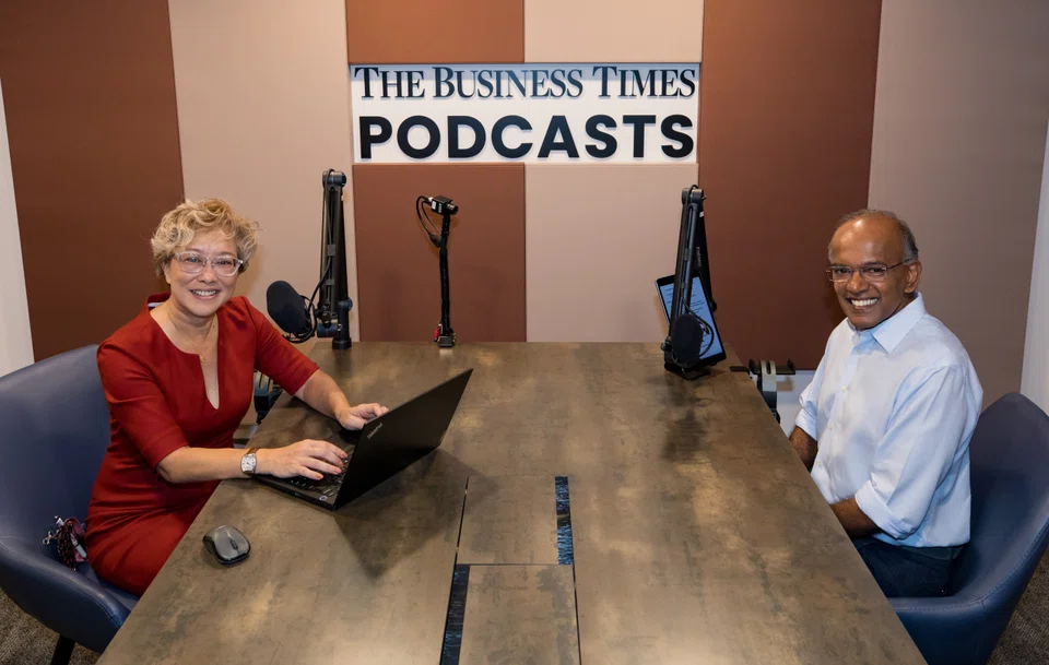BT’s podcast editor Claressa Monteiro (left) and Minister K Shanmugam at the recording of their Lens on Singapore conversation.