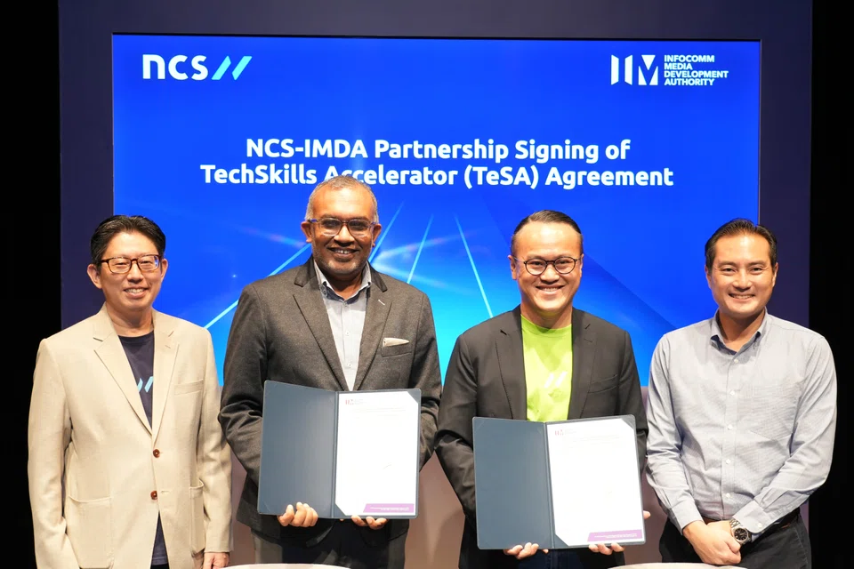 From left to right: NCS chief executive Ng Kuo Pin, IMDA deputy chief executive Kiren Kumar, NCS Gov+ managing partner Sam Liew and Senior Minister of State, Ministry of Communications and Information Tan Kiat How. At present, NCS has a Nucleus programme which will recruit 800 university graduates as digital specialists.