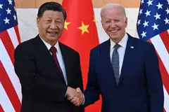 US President Joe Biden with China's President Xi Jinping in their meeting on the sidelines of the G20 Summit in Bali on Monday (Nov 14). 