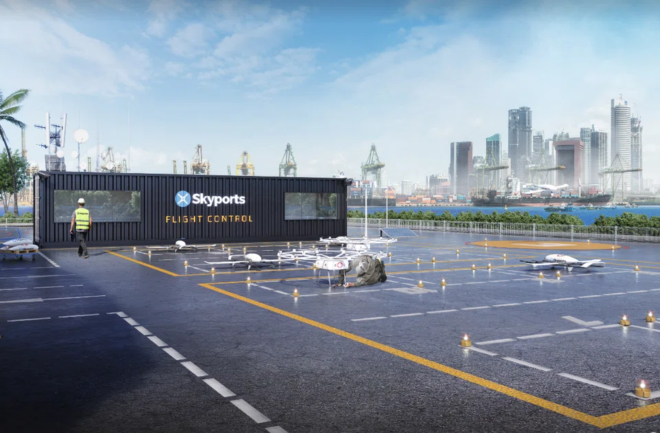 An artists' impression of a Skyports cargo vertiport. Skyports and Jurong Port signed a deal on May 20 to explore the development of ship-to-shore infrastructure at Jurong Port.