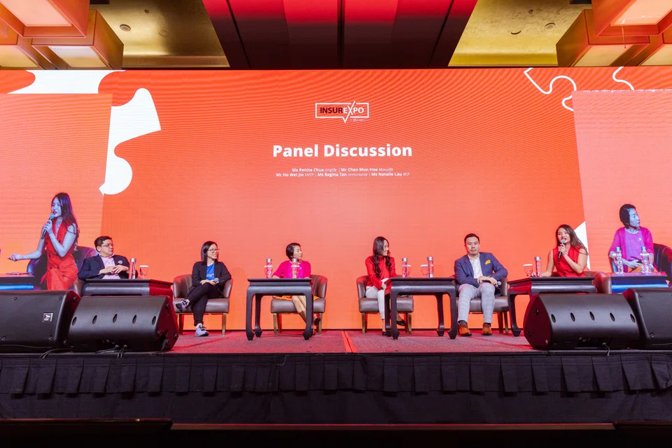(From left) Chan Mun Hoe, Regina Tan, Natalie Lau, Renita Chua, Ho Weijin and moderator Vanessa Ho at a panel during CIMB's insurance expo on Mar 2, 2024.