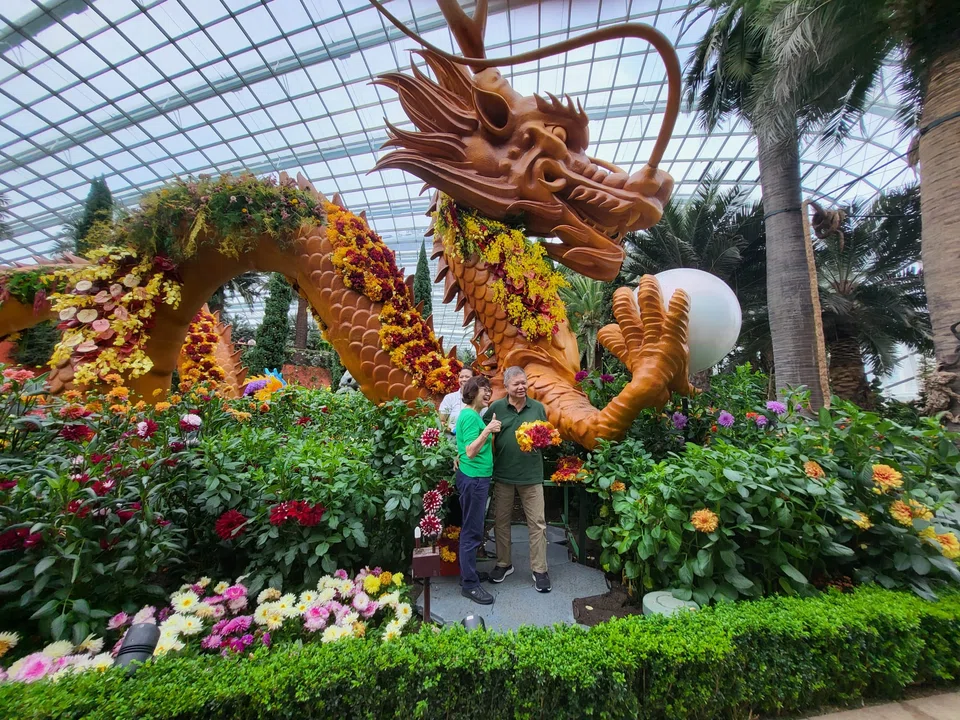 Steven Lau and his wife Wong Lai Quen in front of the CNY dragon display at Gardens by the Bay. Lau was diagnosed with early-onset dementia at the age of 57.