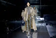 Models presenting creations during the Burberry catwalk show at London Fashion Week in February 2020. The outgoing creative director Riccardo Tisci  has, on his watch, tried to make the Burberry brand more visible by placing a monogram logo on products including handbags, a recipe that’s worked for other brands such as Louis Vuitton. 