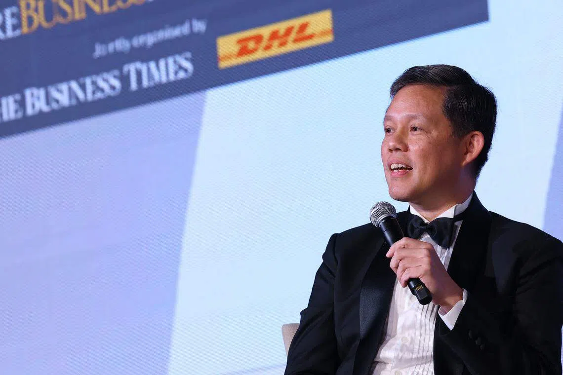 Education Minister Chan Chun Sing at the 38th Singapore Business Awards. He says companies should be sharper about the kinds of skill sets and competencies they want from their people, rather than just looking at paper qualifications.
