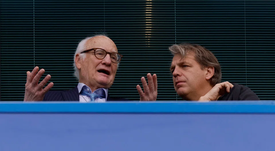 Chelsea chairman Bruce Buck with the new owner of the club Todd Boehly in the stands during a game.