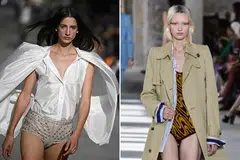 Stella McCartney's (left) billowing silk tops were worn over crystal-encrusted undies, while Dries Van Noten (right) had leopard-skin swimsuits under trench coats.