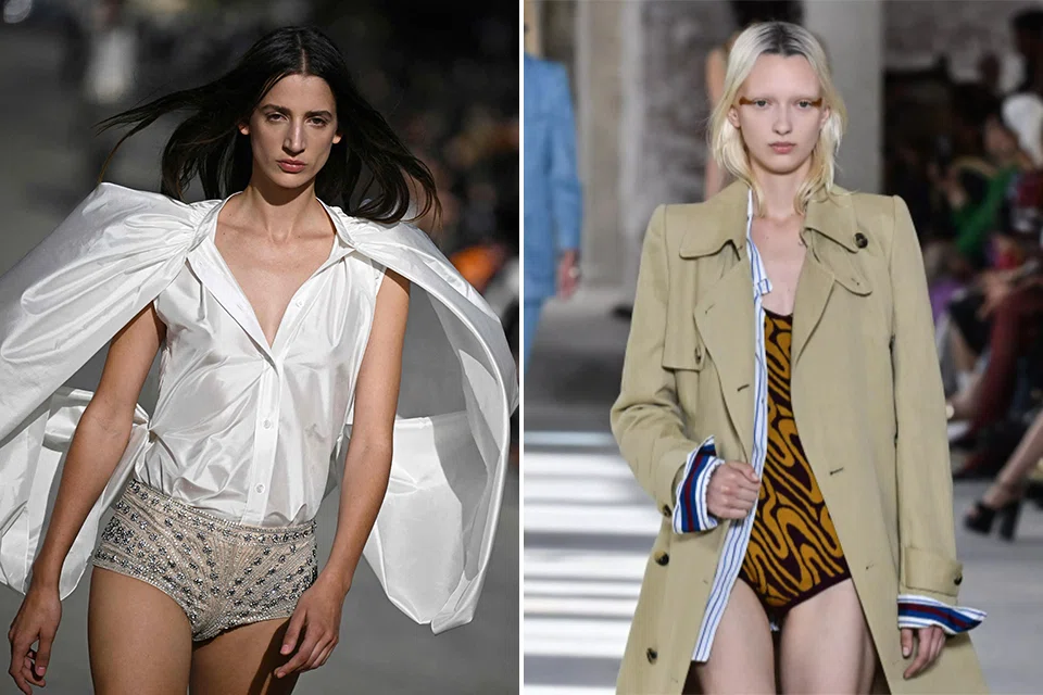 Stella McCartney's (left) billowing silk tops were worn over crystal-encrusted undies, while Dries Van Noten (right) had leopard-skin swimsuits under trench coats.