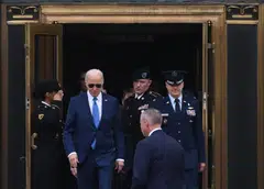 US President Joe Biden exits Walter Reed Army Medical Center in Bethesda, Maryland, following his routine annual physical, on Feb 28, 2024. 