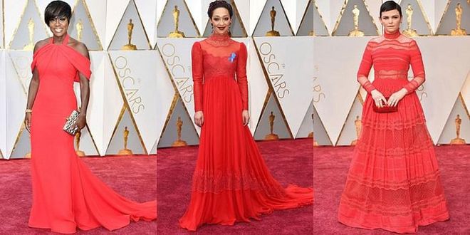 A few daring divas eschewed the 'don't wear red on the red carpet' rule, proving it entirely false with their stunning scarlet looks. Left to right: Viola Davis in Armani Prive, Ruth Negga in Valentino, Ginnifer Goodwin in Zuhair Murad 