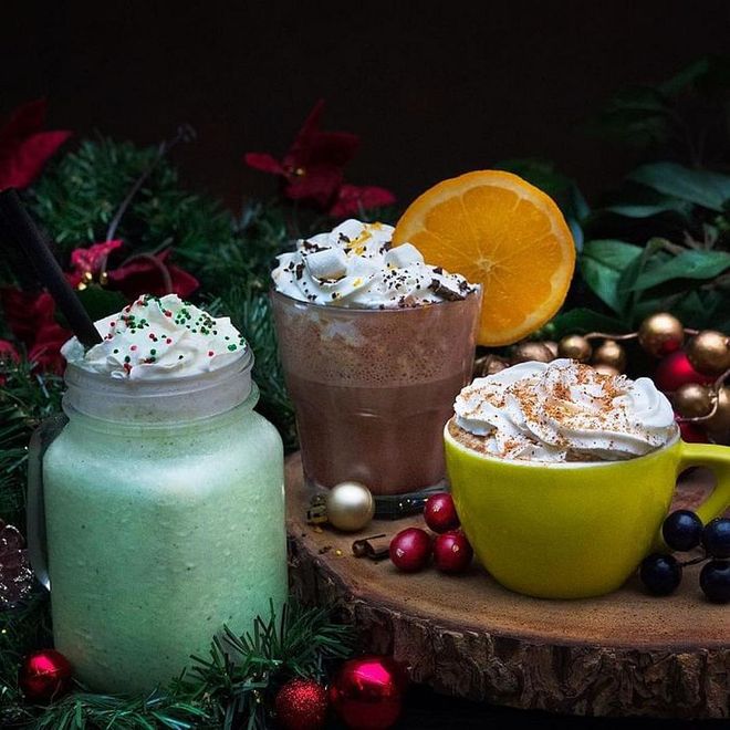 Hot or cold, spiced or sweet, there’s something for everyone at Oriole Coffee with Orange Spice Chocolate made with single origin Valrhona chocolate, and flavoured with spices and orange zest; Grinch Frappe and Gingerbread Latte. Photo: Instagram