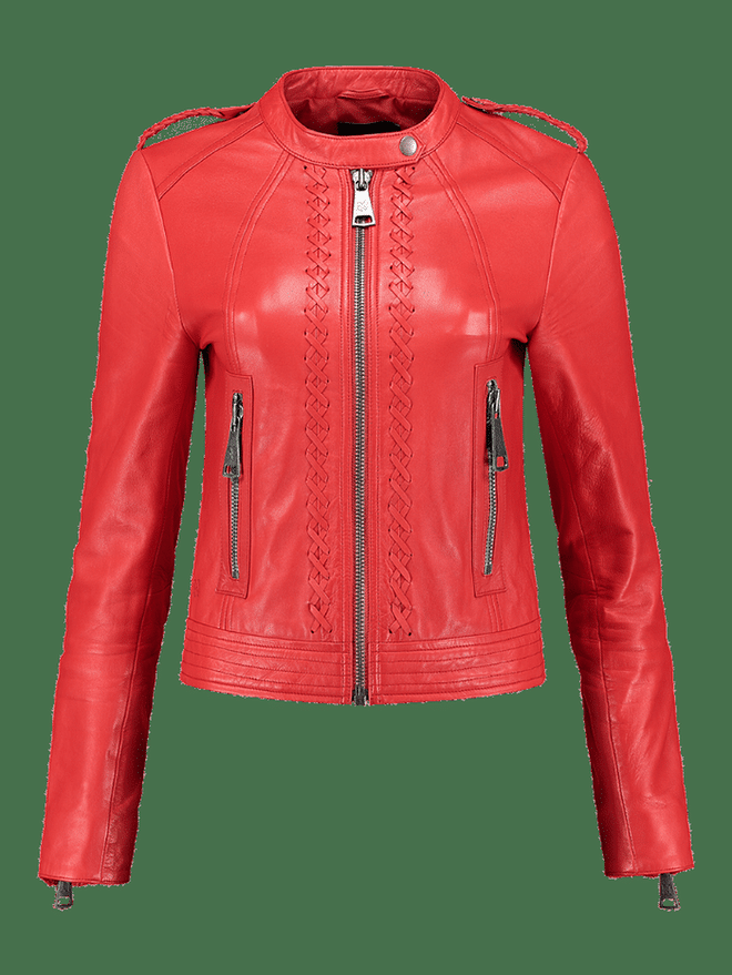 Bored of the usual black leather jacket? Throw this red one on, and turn heads for all the right reasons (Photo: NIKKIE)