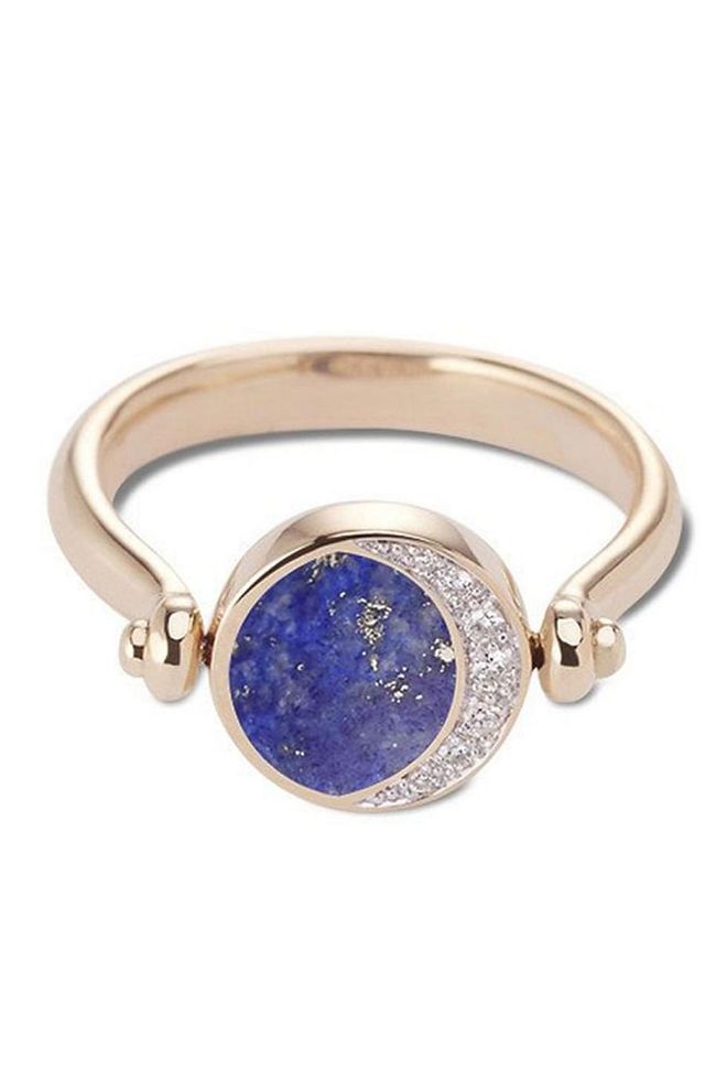 This quirky reversible moon ring is set with blue lapis and diamonds making it a beautifull detailed yet minimalist engagement ring choice. Pamela Love Lapis Ring,  S$3,386