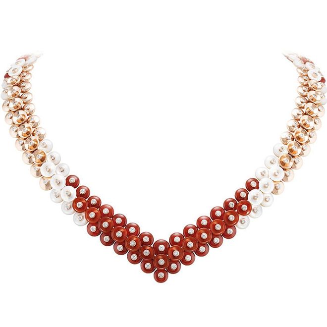 Pink gold, mother-of-pearl, carnelian and diamond Bouton d’Or necklace