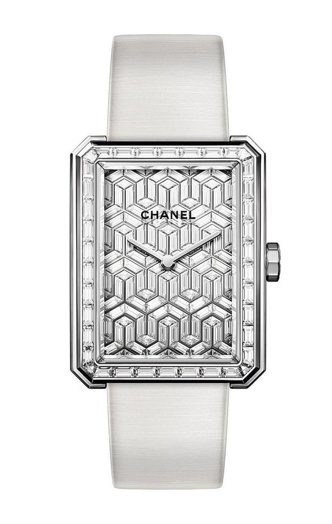 A limited edition manual wind mechanical movement timepiece with a 42 hour power reserve, this watch features a bezel set with 38 baguette cut diamonds, a dial paved with 136, and a crown set with five. <b>Chanel, $258,000</b>