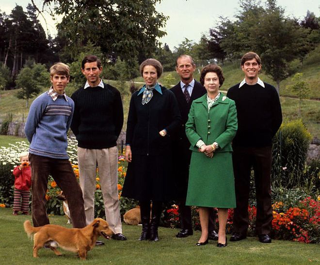 Queen Elizabeth with the Duke of Edinburgh and their children Prince Edward, Prince Charles, Princess Anne, and Prince Andrew, at Balmoral.