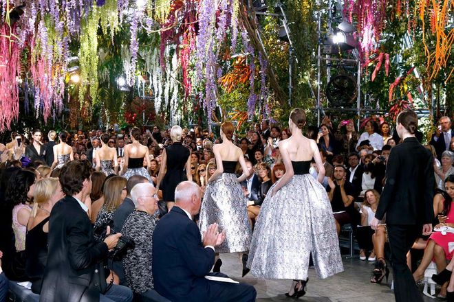 Rainforest motifs appear to be catching interior designers' eyes more than ever, and this tropical oasis at a Dior fashion show may have forecasted that. If a ceiling of hanging tropical plants is not an option for you, don't underestimate the power of a colourfully wallpapered or painted ceiling. 