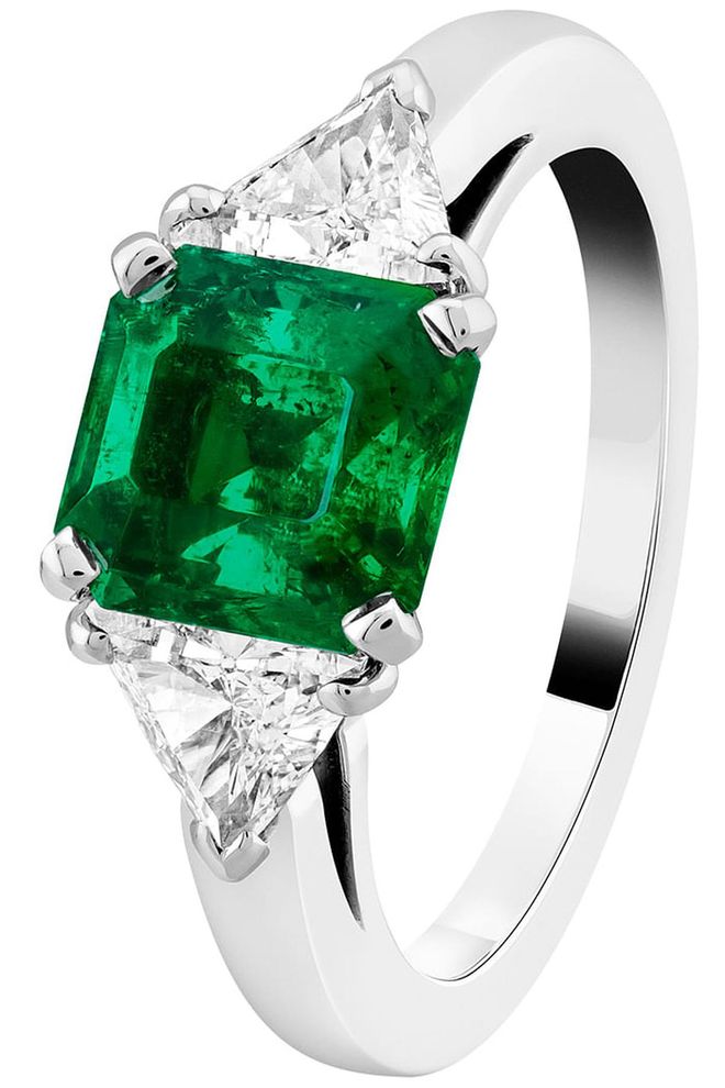 "Motifs Triangles" ring emerald-cut emerald and diamonds set in platinum, $61,000, vancleefarpels.com.
