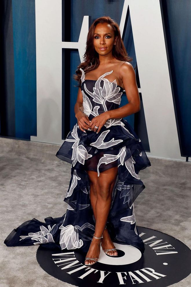 In a navy and white high-low gown. Photo: Getty
