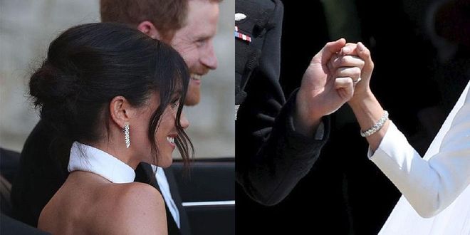 With all eyes on Queen Mary's bandeau tiara, it was easy to miss the dazzling tennis bracelet Meghan wore on her right wrist. The Cartier bangle apparently featured 104 brilliant-cut diamonds and another 52 baguette-cut diamonds totaling 5.6 carats. You can still buy one — but you'll have to cough up $155,000. Later that night, she wore a pair of earrings from the same Reflection de Cartier collection worth $68,000 (plus tax, mind you). Photo: Getty