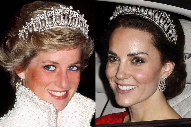 Diana in the Cambridge Lovers' Knot tiara in Hong Kong in 1989; Kate in the same tiara at Buckingham Palace in December 2016.