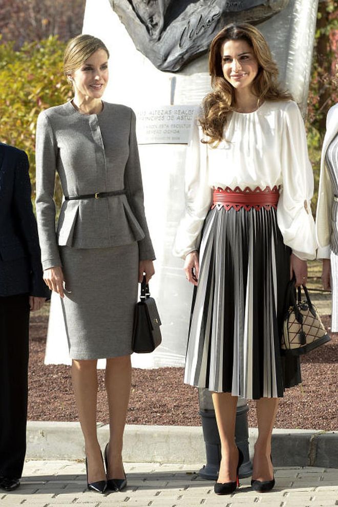 A devout Muslim, Rania dresses accordingly, with long sleeves and knee-length or longer skirts, like this one from Proenza Schouler. On a trip last year to Spain, she and Queen Letizia went head-to-head in a royal fashion face-off.