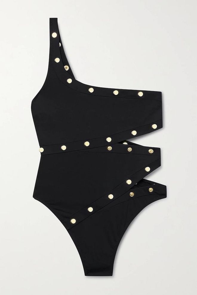 Donia One-Shoulder Embellished Cutout Swimsuit, $505, Agent Provocateur at Net-a-Porter