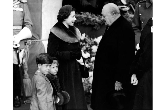 Chatting to Sir Winston Churchill with a young Prince Charles and Princess Anne, 1953.