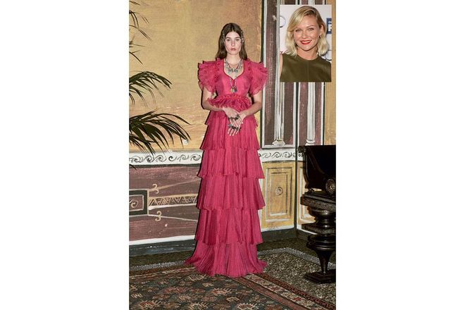 Pink is rarely a color we see on the red carpet. Dunst is a true fashion lover, and is known to take a risk on the red carpet, making her the perfect fit for this frilly frock ; Photo: Courtesy of Gucci/Getty