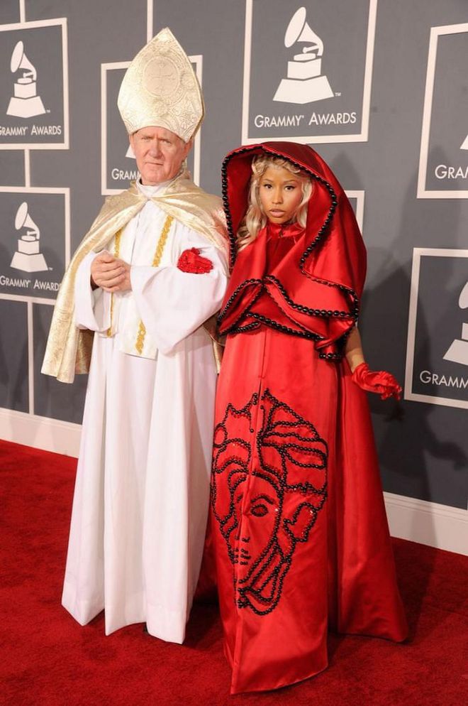 Who could forget that time Nicki Minaj showed up to the 2012 Grammy Awards with the Pope as her date? The rapper wore a red satin Versace robe emblazoned with the house's signature Medusa head.