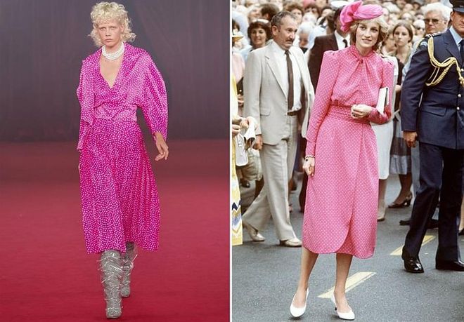 Diana wasn't afraid of color—and it doesn't seem the Off-White girl is afraid of much at all. For Spring 2018, a modern day Di wears these brightly-toned frocks with a strings of pearls and futuristic over-the-knee boots. Photo: Getty 