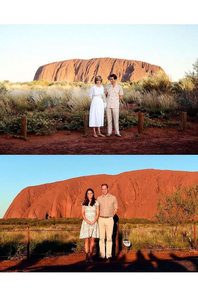 Diana and Charles at Ayers Rock in Australia in 1983; Kate and William at Ayers Rock in 2014.