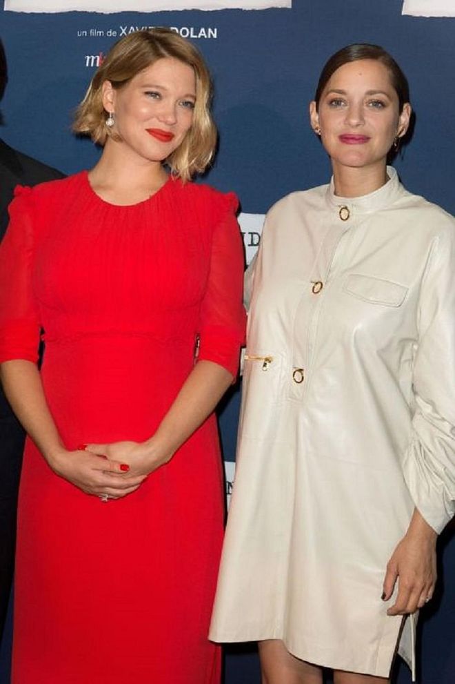 French actresses Lea Seydoux and Marion Cotillard promoted their latest film in 2016 while simultaneously pregnant— both approaching maternity style in different yet equally chic ways. Seydoux embraced classic shapes in bold colors while Cotillard kept it edgy in leather.