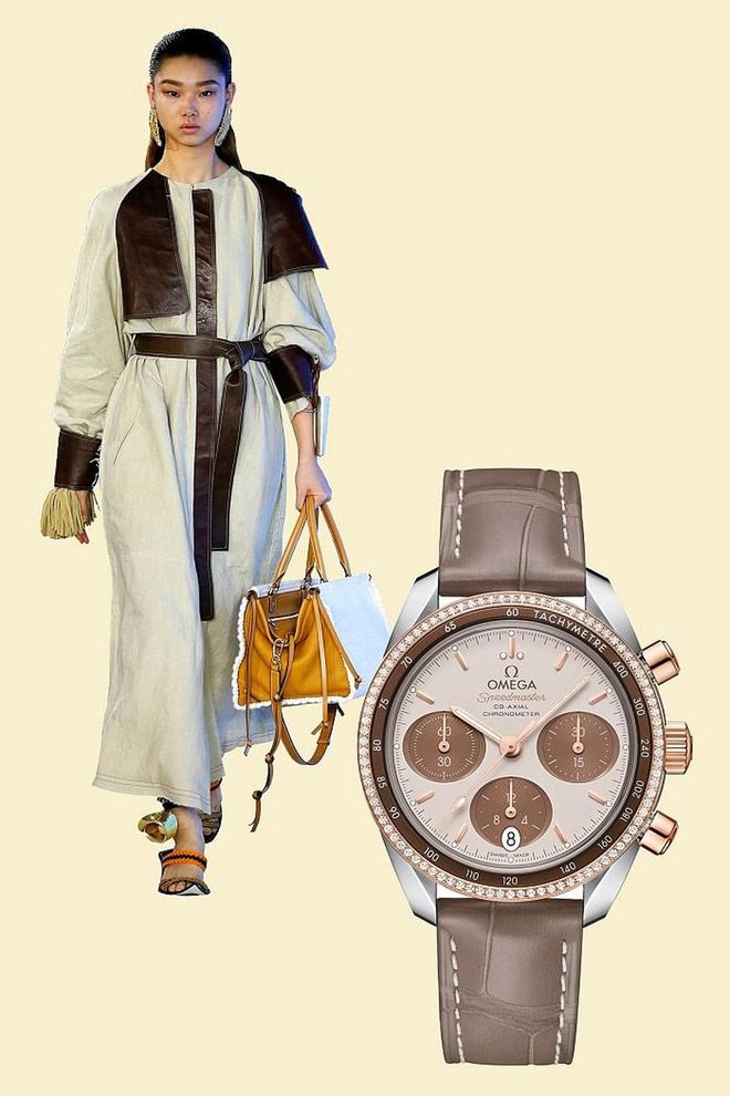 Designer Jonathan Anderson has reinvented the Spanish house of Loewe with an abstract sensibility and a contemporary selection of colors, like the taupe and brown combo seen here. Omega—famous for being the first watch on the moon—embodies a similar aesthetic with its new Speedmaster "Cappuccino," which blends a striking color palette, diamonds, and taupe leather strap with the ultra-precise movement that made the brand legendary.

Speedmaster 38 mm "Cappuccino", $9,300, omegawatches.com