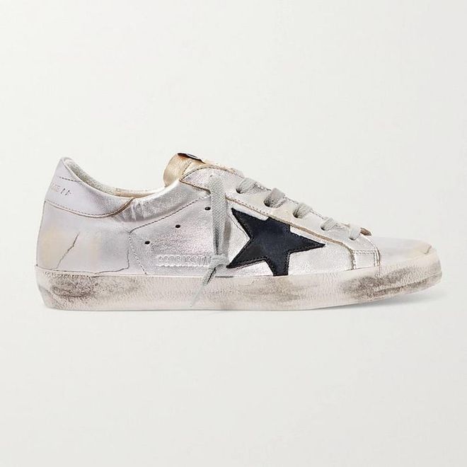 Superstar Two-Tone Distressed Metallic Leather Sneakers, $830, Golden Goose at Net-a-Porter
