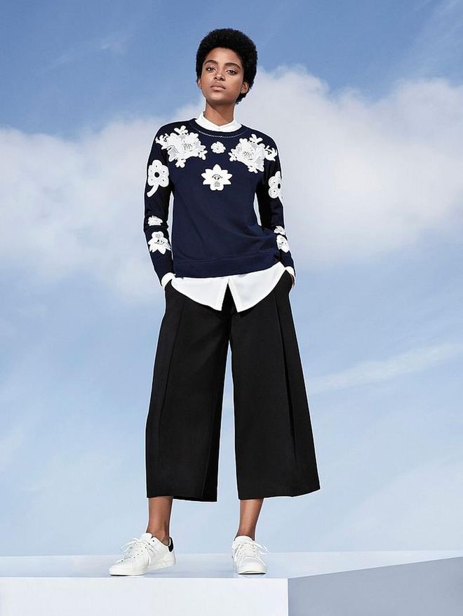 Navy and white floral sweater, $30, white button down, $30, and black culottes, $40. Photo: Target 