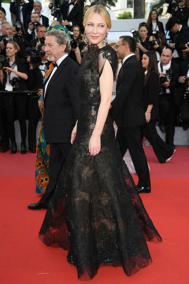 8 May: Cate Blanchett wore a black lace Armani Privé gown with Chopard earrings to the opening ceremony and screening of Everybody Knows. Photo: Getty