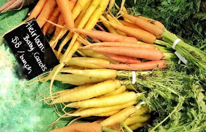Heirloom baby carrots, $8 for a bunch, Farmer's Market